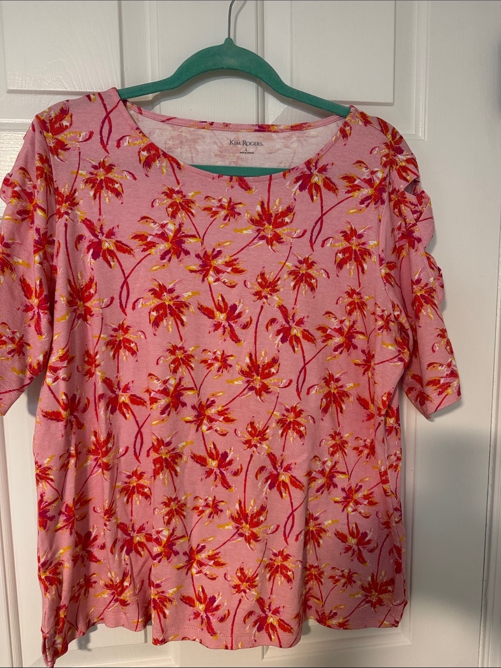 Kim Rogers Pink Floral Short Sleeve Top with Red & Orange Blooms
